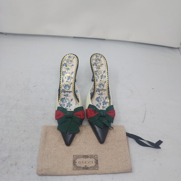 Gucci Sackville White Web Bow Heel Mule Shoe - Picture 10 of 13